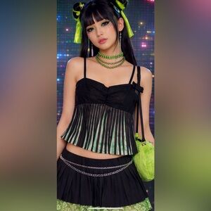 Mishima Black and Green Women's accordion spaghetti  Top Y2K rave